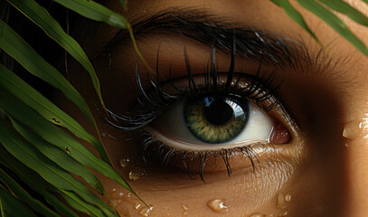 Fototapeta premium Female green eye behind natural tropical leaf