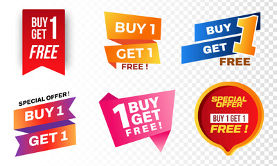 Sale banners buy 1, get 1 for free. Buy one get one Free. Sticker. Buy at half price or 50%. Free Talker.