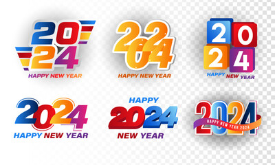 Set Happy new year 2024 design. With colorful truncated number illustrations. Premium vector design for poster, banner, greeting and new year 2024 celebration.