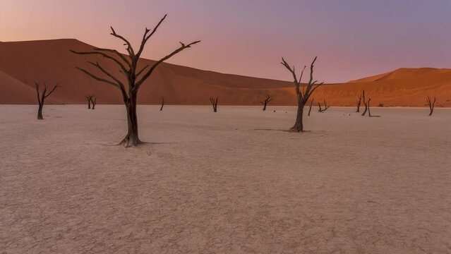 Sunrise on dead acacia trees at Deadvlei in the Namib desert in Namibia in Africa. Time Lapse.