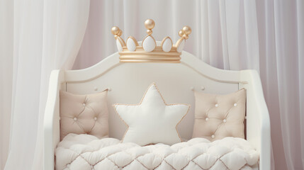White wooden baby crib with pillows - obrazy, fototapety, plakaty