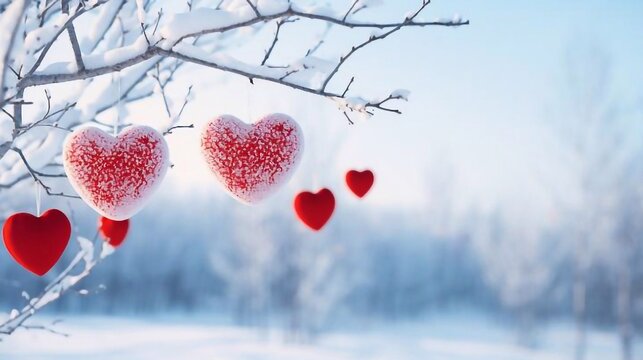 Red heart balloon garland decoration elements in snow branches tree into frost on blue sky, winter mockup background banner Valentine's Day with copy space
