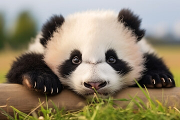 Naklejka premium A candid and realistic photo of a baby panda with a playful pose and facial expression, with close-up view and blur nature background...