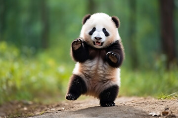 A close-up photo of a young panda standing with a playful pose and facial expression, isolated nature and blur background...