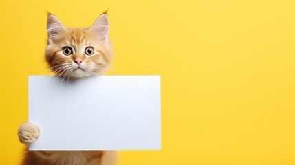 Cat Holding A Blank Paper for Copy Space. Advertisement, Content, Information Concept
