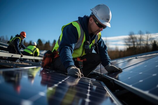 engineer or worker install solar panel on roof at solar power plant