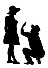 Photograph and women with a camera on street. Isolated silhouettes of people on white background