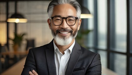 Fototapeta na wymiar Mature adult man with gray beard, dark glasses, arms crossed, wearing suit and white shirt, smiling with good mood, career and office, businessman, successful and calm 