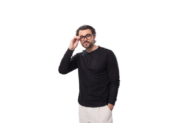 good vision concept. young brutal leader european man with beard and mustache wears glasses