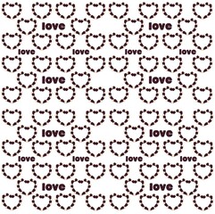A pattern of small hearts of brown and beige colour , and title love on a white background.