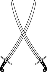 Crossed ancient sabers. Design element for emblem, sign, badge. Vector illustration