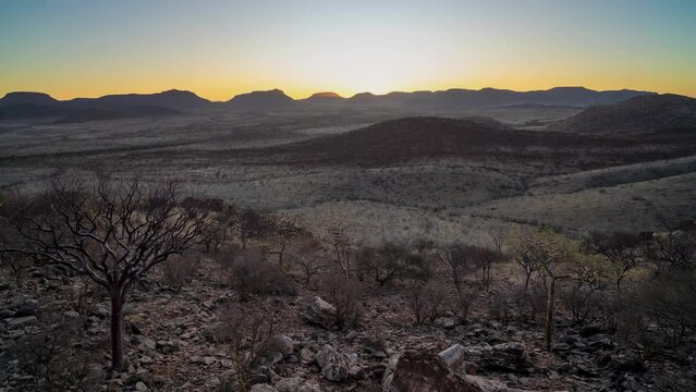 Sunset on the Orupembe Conservancy in Kaokoveld in Namibia, Africa. Time Lapse.