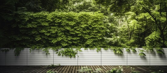 In the background of a serene summer garden, the patterned texture of the wood wall intertwined...