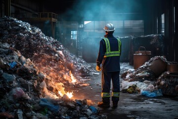 Worker working in a waste recycling plant. Environmental pollution concept, A worker at a Recycling Plant Works, AI Generated - obrazy, fototapety, plakaty