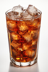 Transparent glass glass with a refreshing cola drink and lots of ice. Generative AI.