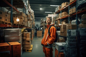 Obraz na płótnie Canvas Portrait of a male warehouse worker standing in warehouse. This is a freight transportation and distribution warehouse. Industrial and industrial workers concept, AI Generated