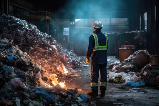 Worker working in a waste recycling plant. Environmental pollution concept, A worker at a Recycling Plant Works, AI Generated