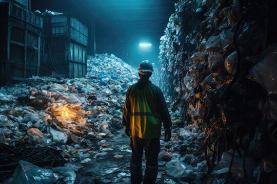 Man standing in front of a huge garbage dump in the night, A worker at a Recycling Plant Works, AI Generated