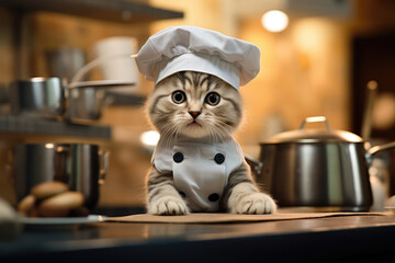 Cool kitten wearing chef hat and uniform waiting by kitchen counter. Cozy kitchen background - obrazy, fototapety, plakaty