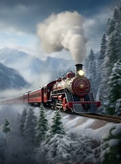 Steam locomotive in the forest. Retro train on the background of snowy mountains.
 - obrazy, fototapety, plakaty