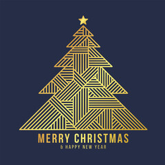 Merry Christmas and happy New year - Abstract gold modern stripe lines cross christmas tree with star above on navy background vector design