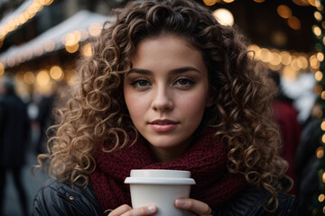 a young women with curly hair drinking coffee at the Christmas market