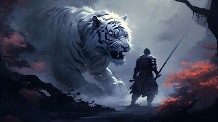 Fantasy scene with a tiger in the forest. Fantasy scene with a white tiger and a samurai in the fire