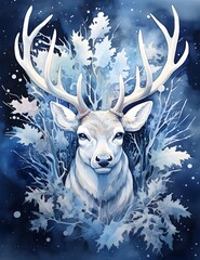 Deer with big antlers in the forest. Christmas background.