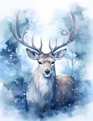 Deer with big antlers in the forest. Christmas background.