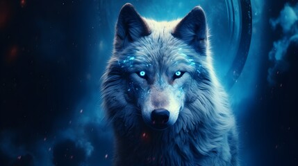 White wolf in deep space with stars and nebula. White wolf with blue eyes in the forest against the background of a night landscape.