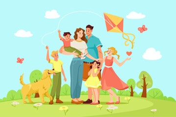 Obraz na płótnie Canvas Joyful Family with Mother, Father and Son with Daughter on Green Lawn in the Park Vector Illustration