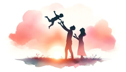 Silhouette photo of a parent and child holding a child　子供を抱える親子のシルエット