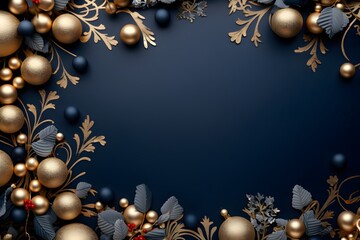 Fototapeta premium Christmas and New Year background with golden balls and fir branches on blue.