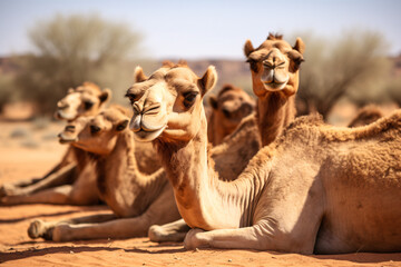 A candid and realistic photo of a group of camels with a resting pose, with close-up view and blur desert background...