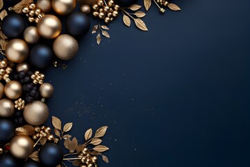 Fototapeta na wymiar Christmas and New Year background with golden balls and fir branches on blue.