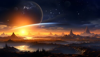 Fantasy alien planet. mountain and lake background.