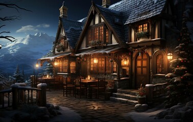 Christmas village with Snow in vintage style at night. Winter village landscape with Christmas tree with lights. Christmas Holidays. Christmas Card illustration.