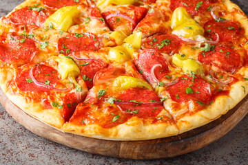 Delicious homemade salami pizza with pepperoncini pepper, red onion, mozzarella close-up on a wooden board on the table. Horizontal