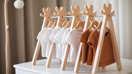 Wooden white hangers in wardrobe