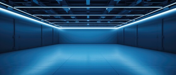 Obraz premium Futuristic blue illuminated empty room with reflective floor. Modern interior design.