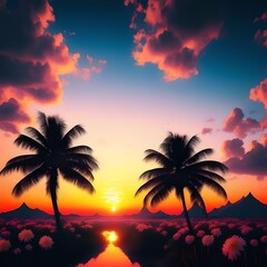 Picturesque Beach Estuary Landscape with Palm Trees during Sunset Realistic Illustration