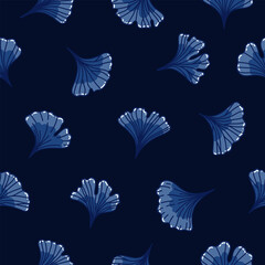 Botanical seamless pattern with blue leaves ginkgo biloba. Natural design at abstract leaf, nature inspired. Print in Scandinavian, Swedish style on dark blue background