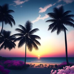 Fototapeta na wymiar Realistic Beach Landscape with Flowers and Palm Trees during Sunrise Landscape Illustration