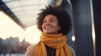 Joyous woman wearing a stylish coat and scarf, looking upward with a smile
