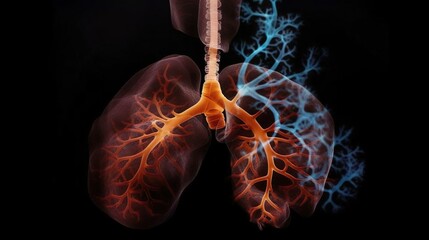 Human lungs with cigarette tobacco smoke. Lung respiratory chest organ. Health care, disease, cancer, pneumonia, asthma, pulmonary, world no tobacco day, stop smoking, eco air pollution concept. - obrazy, fototapety, plakaty