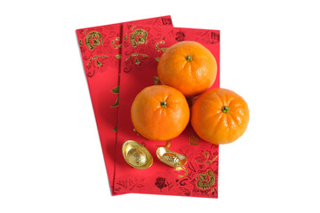 Happy New Year Chinese year of dragon 2024. Mandarin orange and gold ingots on red envelopes...