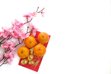Top view of the Mandarin orange on red envelopes and gold ingot decorated with plum blossom isolated on white background. Copy space for text. Chinese New Year festival concept.