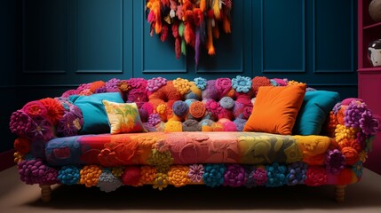 Eclectic Sofa in Vibrant Colors. Cozy Interier