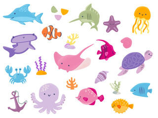 Fototapeta na wymiar Set of nderwater animal. Underwater objects collection