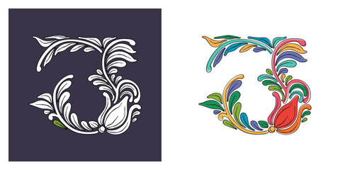 Fototapeta na wymiar 3 logo. Number three with botanical and flower pattern. Traditional leaves and curved lines embroidery ornament. Icon for wedding ceremony, vintage greeting cards, birthday identity, party invitations